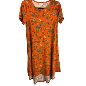 LuLaRoe Carly Dress Orange Floral High-Low Hem Stretch Knit XS Casual Boho